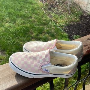 pink checkered slip on vans